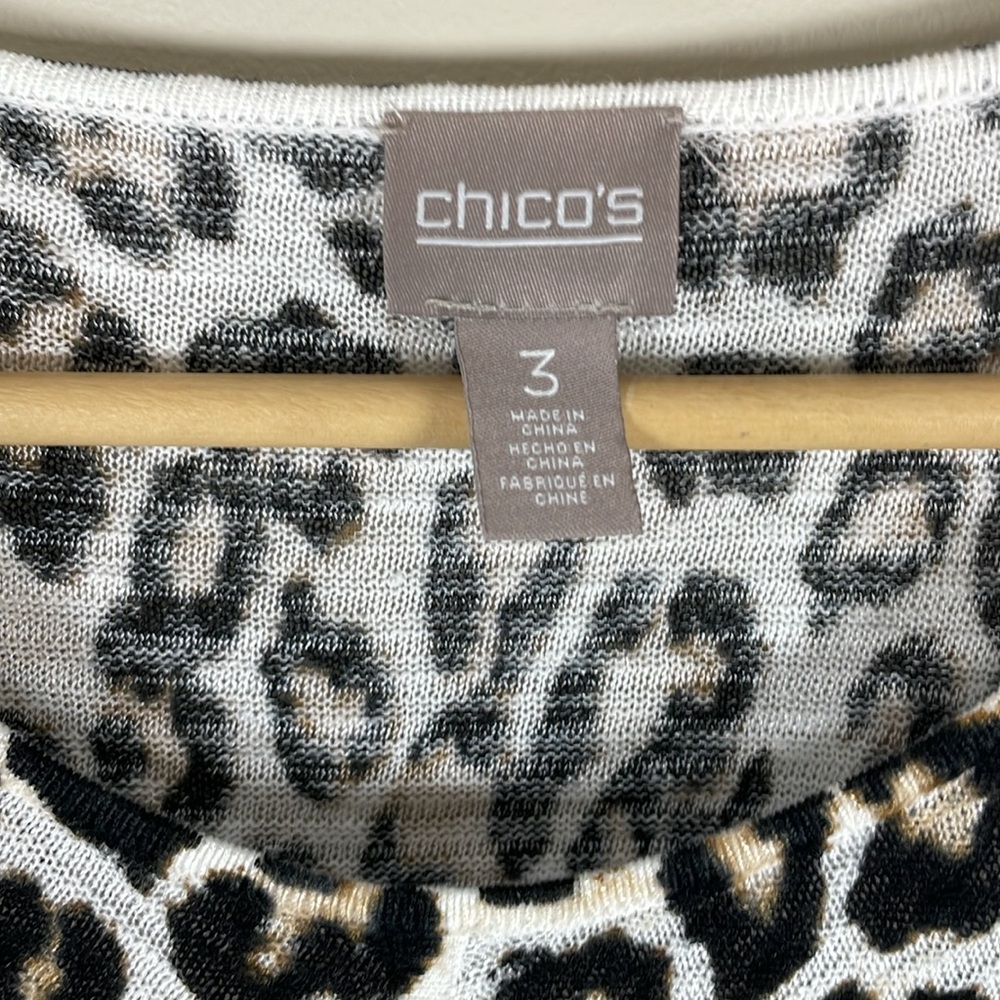 CHICO’S XL Leopard Print Linen Blend Round Neck 3/4‎ Sleeve Sweater Lightweight - Picture 3 of 8